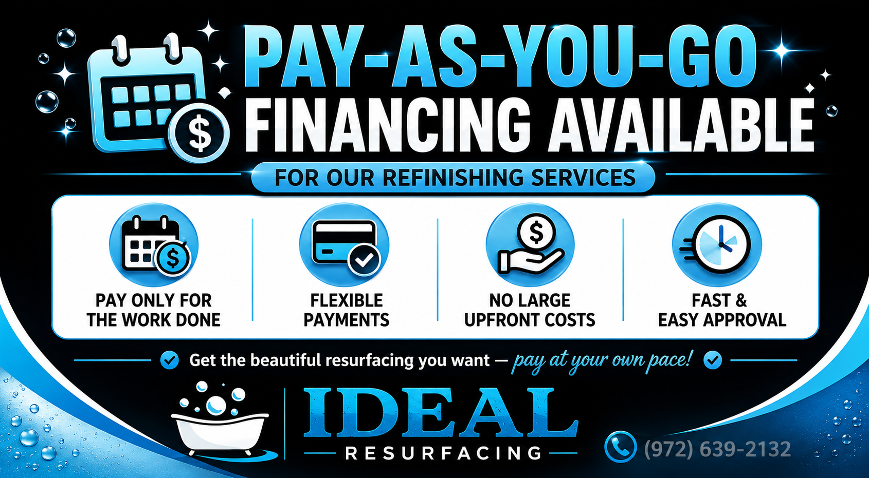 Image showing the most affordable way to restore your bathtub. The image shows how Ideal Resurfacing offers pay as you go services for tub refinishing.